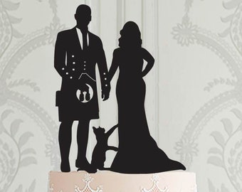 Scottish wedding cake topper with pet cat, Groom in kilt silhouette cake topper, with pet
