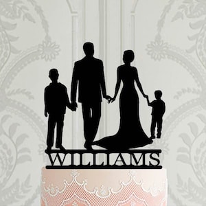 Wedding Cake Topper with children, Family silhouette, Cake Topper with date, Bride and Groom with boys, Personalised Cake Topper for wedding
