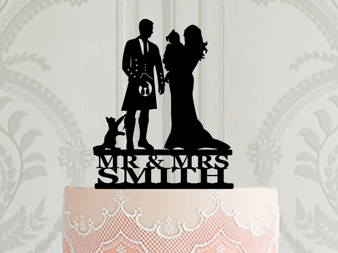 Custom Scottish Wedding Cake Topper With Cat, Groom in Kilt Topper ...