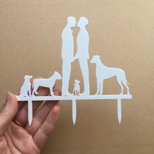 Gay wedding cake topper with pets, LGBT wedding decor ideas, Laser cut acrylic cake decoration image 7