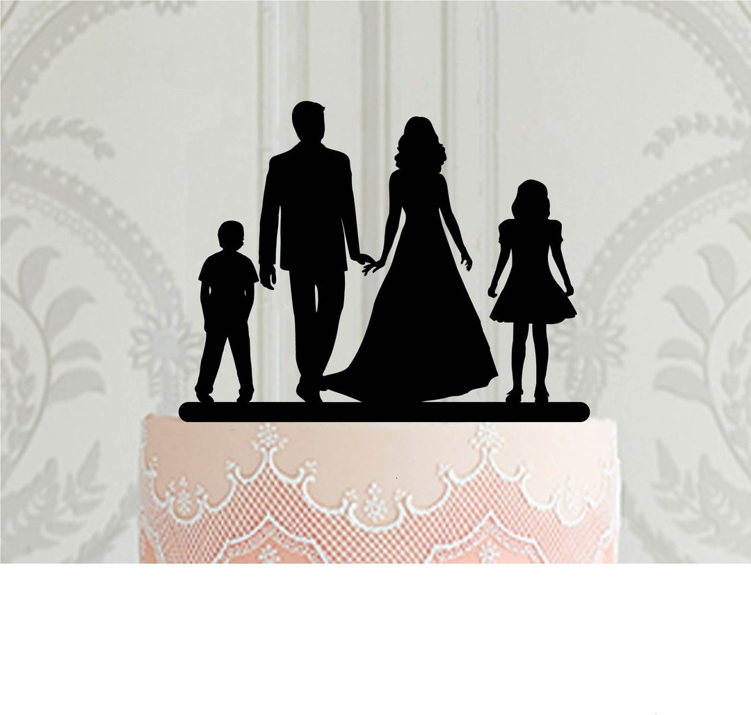 CARISPIBET Wedding Cake Topper Groom Kisses Bride On The Forehead Two Daughters Are Dancing And There Is A Pet Cat Forehead Kiss With Two Daughters Dancing 23178