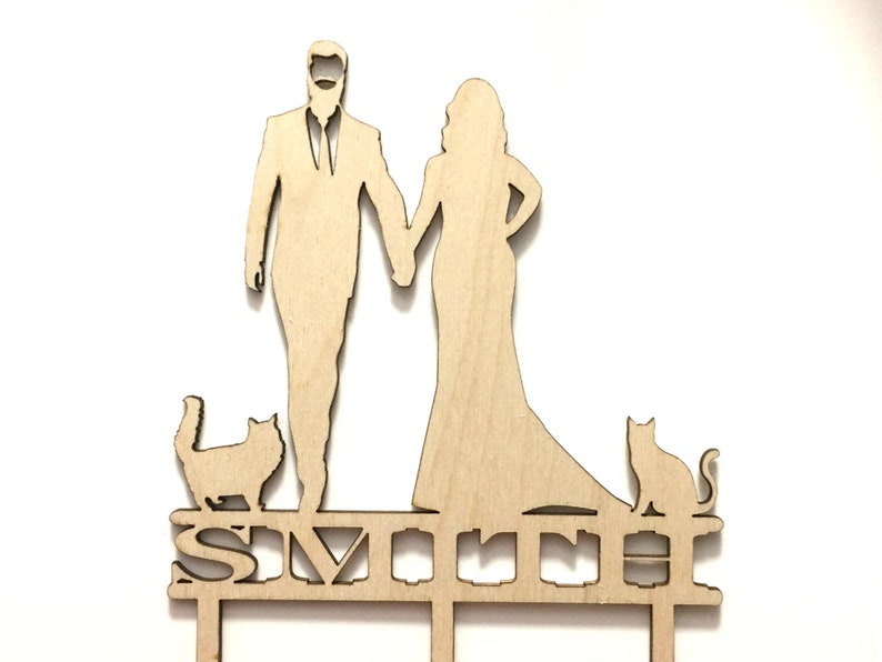 Custom cake decorations Bride and groom kissing  silhouette with cats and name Personalised wedding cake topper with  custom cats