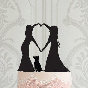 Lesbian Wedding cake topper, Same sex wedding decor with dog, 2 brides cake topper, LGBT wedding decoration, Female couple cake topper