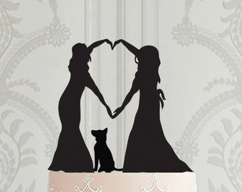 Lesbian Wedding cake topper, Same sex wedding decor with dog, 2 brides cake topper, LGBT wedding decoration, Female couple cake topper