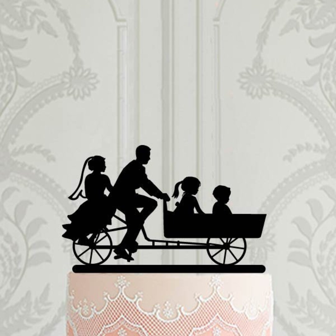 Wedding Cake Topper With Children, Bride and Grom on Tandem Bike Topper ...