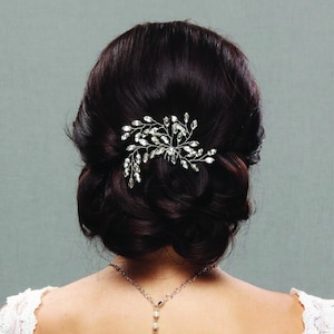 May include: A silver-toned hair comb with a floral design, adorned with clear crystals. The comb is set in dark hair styled in a low bun. A delicate necklace with a pendant is also visible.