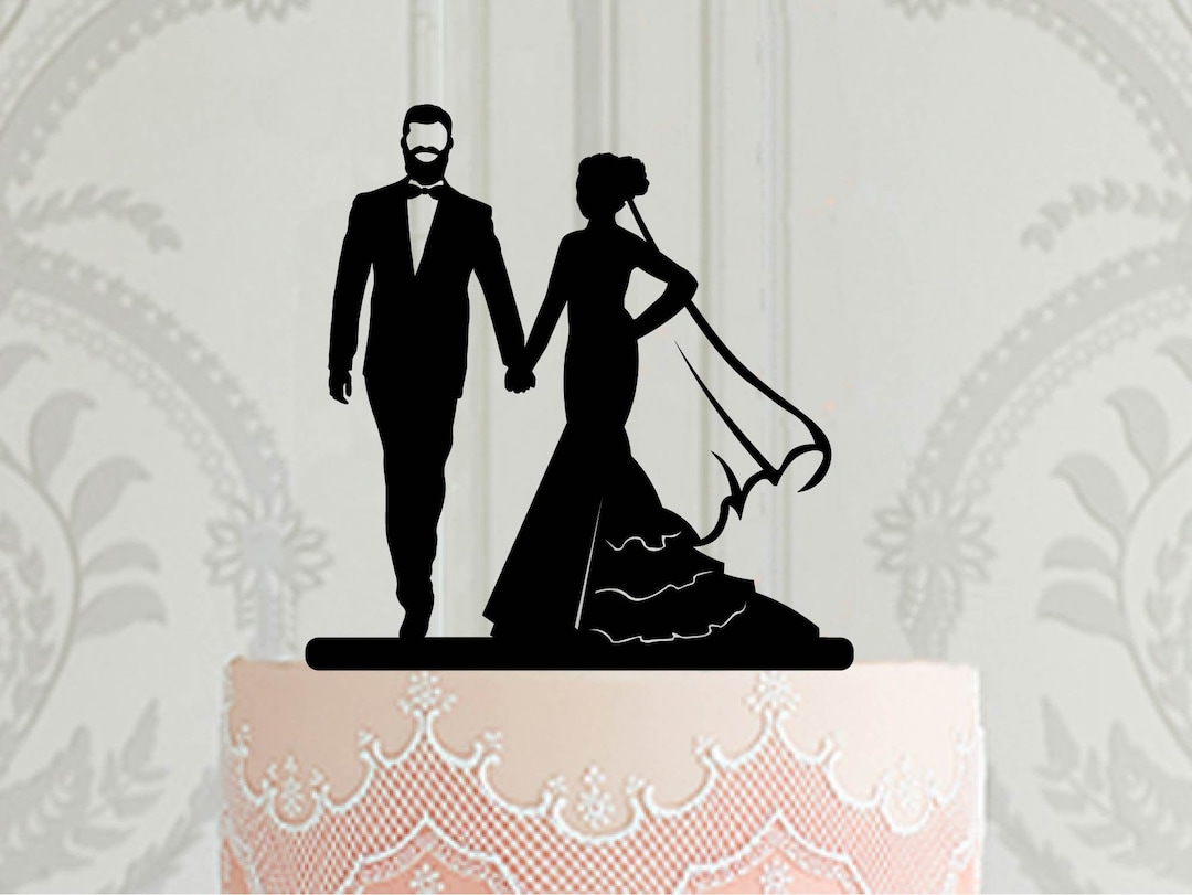 Silhouette Wedding Cake Topper, Bride and Bearded Groom Cake Decor ...