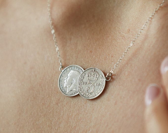 Threepence double coin necklace silver - a delicate dainty vintage inspired necklace. Perfect gift for girlfriend, bride
