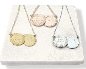 Sixpence Double Necklace Gold Plated, Rose Gold plated and Non-plated. A sterling silver genuine sixpence double coin necklace, perfect gift