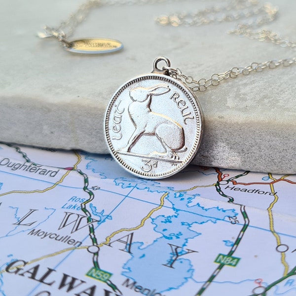 Lucky Irish Threepence Coin Necklace - Sterling Silver Chain, Hare / Rabbit / Bunny Design