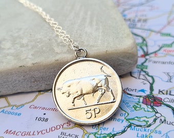 Authentic Irish 5 Pence 'Bull' Coin Pendant - Stylish Necklace with Sterling Silver Chain