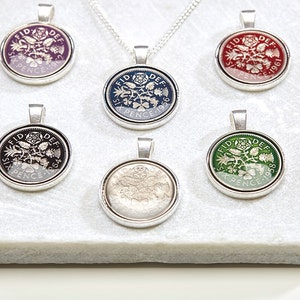 Sixpence Handmade Enamelled Necklace Pendant - genuine Queen Elizabeth 2nd sixpence coin necklace