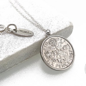 1967 Queen Elizabeth 2nd Sixpence coin silver necklace - 56th birthday present. Lucky sixpence layering necklace on a sterling silver chain