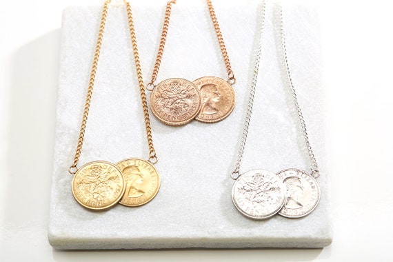 Queen Elizabeth 2nd Sixpence Double Coin Necklace Gold Plated Rose Gold Plated and Non plated Etsy Canada