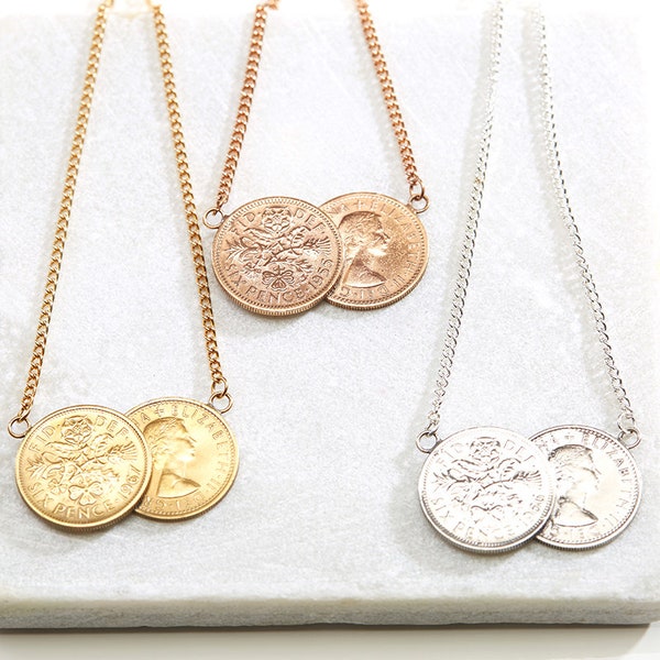 Queen Elizabeth 2nd Sixpence Double Coin Necklace Gold Plated, Rose Gold plated and Non-plated