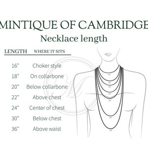 May include: A diagram showing where different necklace lengths sit on the body. The lengths are 16 inches, 18 inches, 20 inches, 22 inches, 24 inches, 30 inches, and 36 inches. The corresponding locations are choker style, on collarbone, below collarbone, above chest, center of chest, below chest, and above waist.