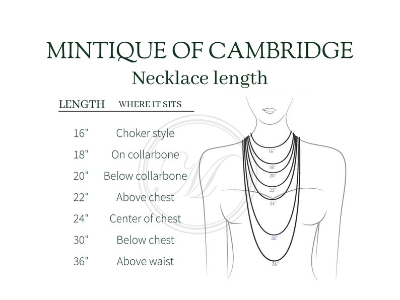 May include: A diagram showing where different necklace lengths sit on the body. The lengths are 16 inches, 18 inches, 20 inches, 22 inches, 24 inches, 30 inches, and 36 inches. The corresponding locations are choker style, on collarbone, below collarbone, above chest, center of chest, below chest, and above waist.