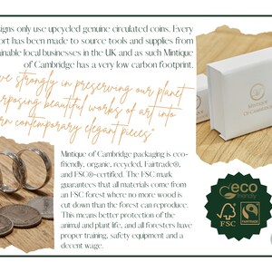 May include: A close-up of silver coins arranged on a wooden surface. The coins are surrounded by text that reads "I believe strongly in preserving our planet and repurposing beautiful works of art into modern contemporary elegant pieces." The text is in a brown font on a white background. The image also includes a small white box with the text "Mintique of Cambridge" in gold lettering.