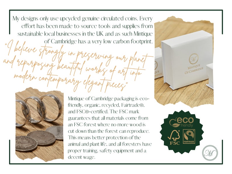 May include: A close-up of silver coins arranged on a wooden surface. The coins are surrounded by text that reads "I believe strongly in preserving our planet and repurposing beautiful works of art into modern contemporary elegant pieces." The text is in a brown font on a white background. The image also includes a small white box with the text "Mintique of Cambridge" in gold lettering.