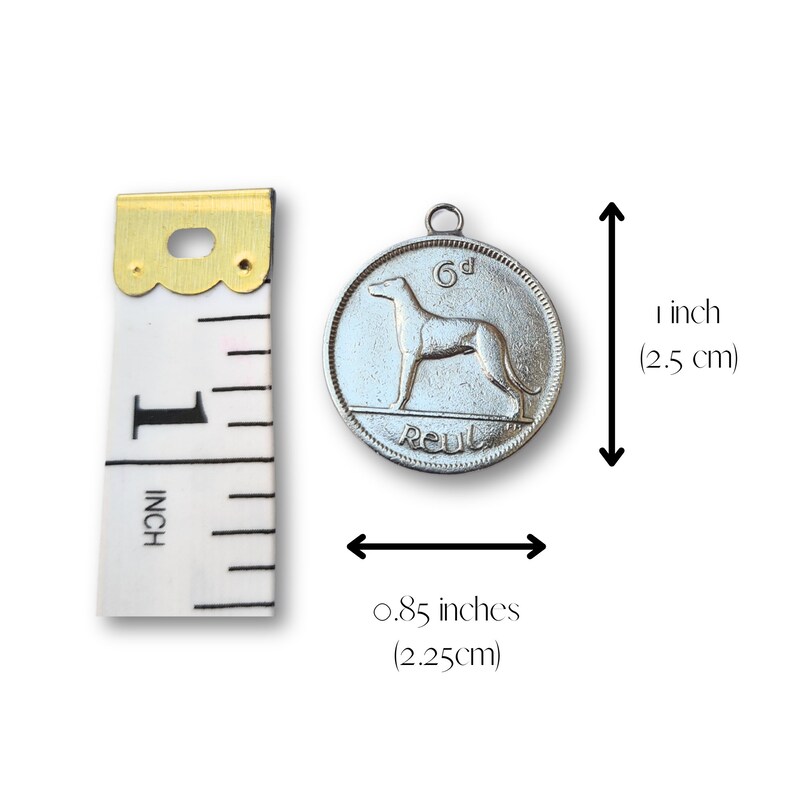 May include: Silver-colored Irish 6d coin pendant with a dog on one side and the word "REUBL" on the other. The coin is 1 inch (2.5 cm) in diameter and 0.85 inches (2.25 cm) wide.