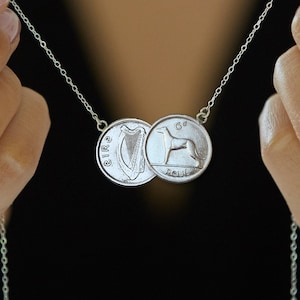 Lucky Irish Sixpence Coin with Wolfhound Dog Pendant, Unique Two Coin Necklace on Sterling Silver Chain