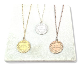 Sixpence Coin Necklace Sterling Silver - 24k Gold Plated, 24k Rose Gold Plated and Non-plated. Featuring King Edward plus Wreath and Crown