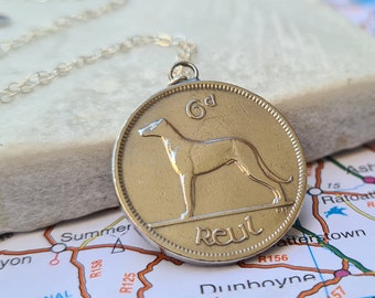 Vintage Inspired Irish Sixpence Coin Jewelry | Wolfhound Dog Necklace with Sterling Silver Chain