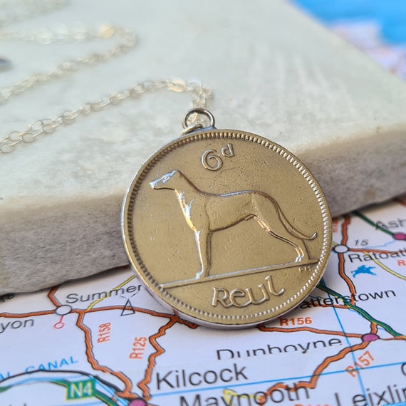 Vintage Inspired Irish Sixpence Coin Jewelry | Wolfhound Dog Necklace with Sterling Silver Chain