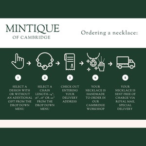 May include: A green and white infographic with five steps for ordering a necklace. The steps are illustrated with icons and text. The text includes "Select a design with or without an additional gift from the drop down menu", "Select a chain length: 14", 16", 18" or 20" from the drop down menu", "Check out entering your delivery address", "Your necklace is handmade to order in our Cambridge workshop", and "Your necklace is sent free of charge via Royal Mail special delivery".