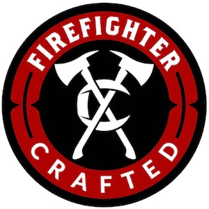 May include: A red and black circular logo with the text "FIREFIGHTER CRAFTED" in white. The logo features two crossed axes with a white crescent moon in the center.