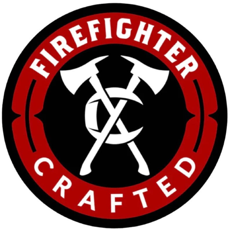 May include: A red and black circular logo with the text "FIREFIGHTER CRAFTED" in white. The logo features two crossed axes with a white crescent moon in the center.