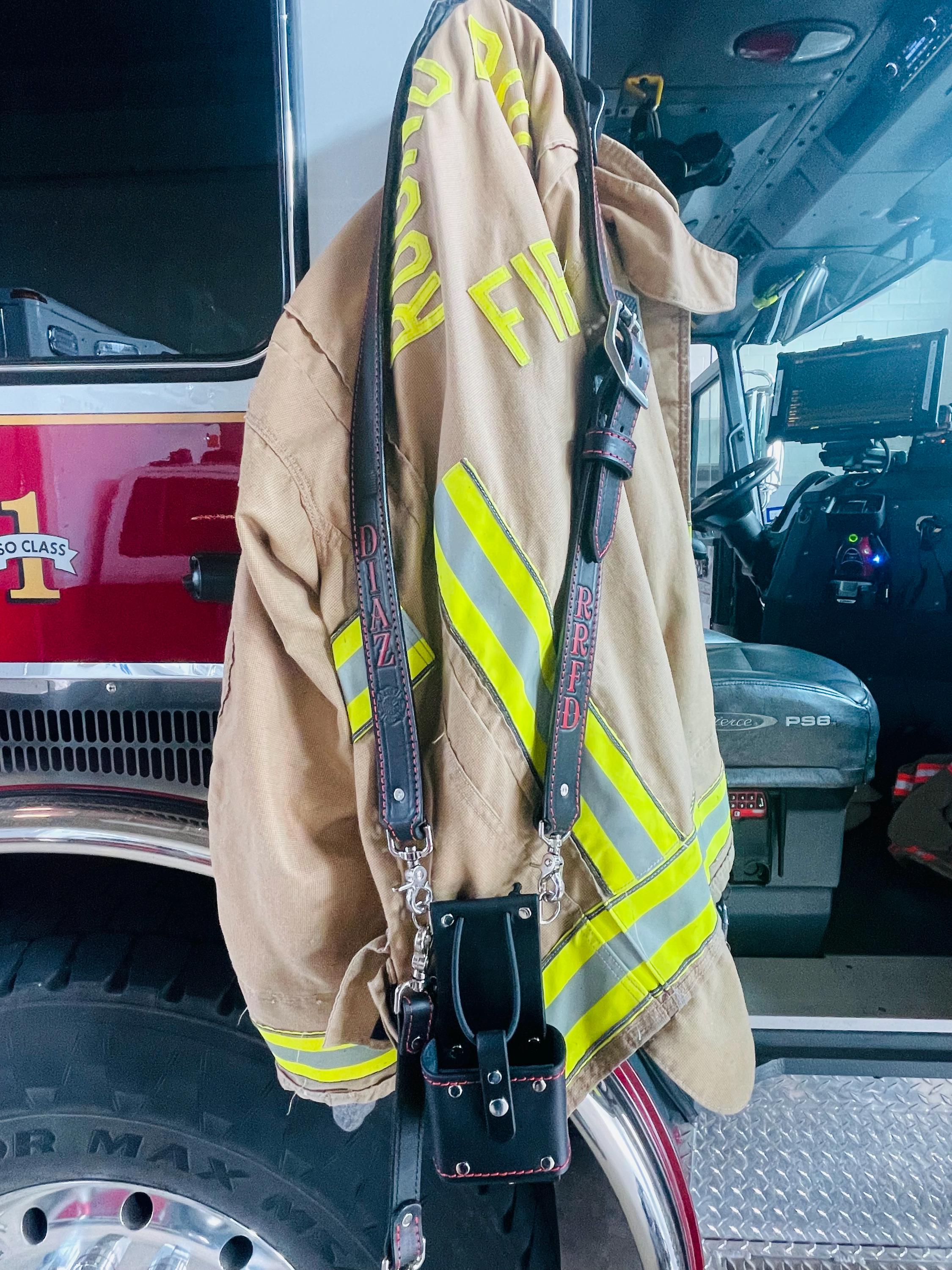 Custom Firefighter/EMS Leather Radio Strap, Anti-Sway Strap, and radio bucket