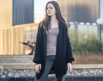 Oversize cardigan - Rapsberry sleeve cardigan - Handmade black cardigan