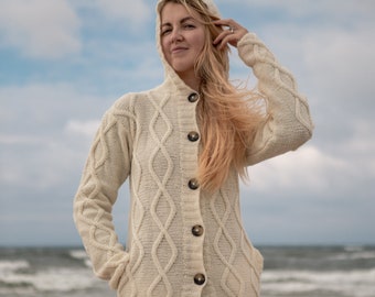 Hand Knitted Wool Cabled Hooded Coat - City Pattern Coat