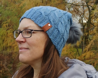 Hand knitted hat - Slouchy wool hat - Pompom hat beanie