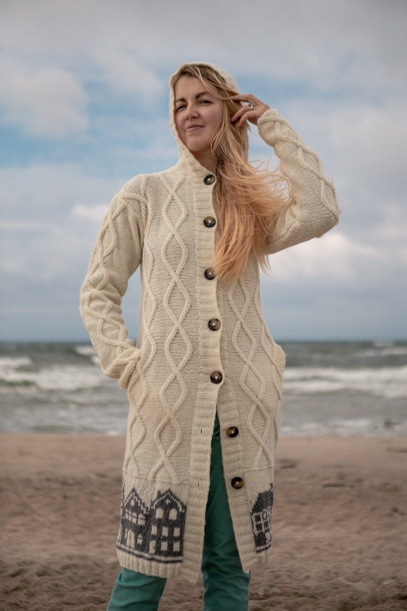 Hand Knitted Wool Cabled Hooded Coat City Pattern Coat - Etsy 