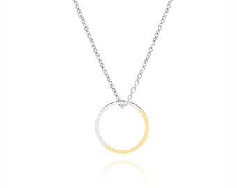 Two-Tone Gold & Silver Circle Necklace - Minimalist Pendant | Geometric 9ct Gold Gift