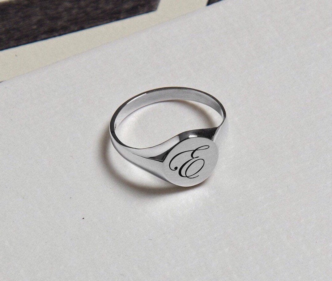 Personalised Edwardian Script Single Initial Silver Round Signet Ring ...