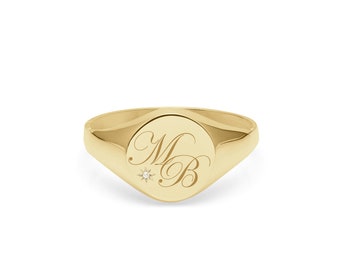 Double initial monogram signet ring with diamond | traditional inspired 9k yellow gold round pinkie ring