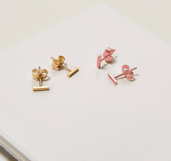 Recycled Gold Bar Stud Earrings: Dainty Geometric Line, 7mm