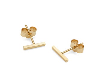 18k Recycled Yellow Gold Bar Stud Earrings | Line Studs | Minimalist Earrings | Scroll Backs | 18ct Gold