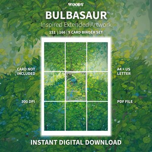 Op de afbeelding: Een digitale download van Bulbasaur geïnspireerde uitgebreide illustraties voor een 9-kaarten binder set. De afbeelding toont een groen bos met een centrale ruilkaart, tekst 151 | 166, 300 DPI, A4 + US Letter en Instant Digital Download.