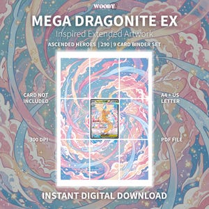 Peut inclure: Un téléchargement numérique présentant une illustration étendue inspirée de Mega Dragonite EX pour un classeur de 9 cartes. Le design affiche un fond de nuages tourbillonnants bleu pastel et rose avec des étoiles. Le texte inclut MEGA DRAGONITE EX, ASCENDED HEROES, 290, 300 DPI, A4 + US LETTER, PDF FILE, CARD NOT INCLUDED et INSTANT DIGITAL DOWNLOAD.