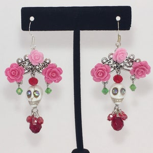 Pink White and Red Sugar Skull Earrings
