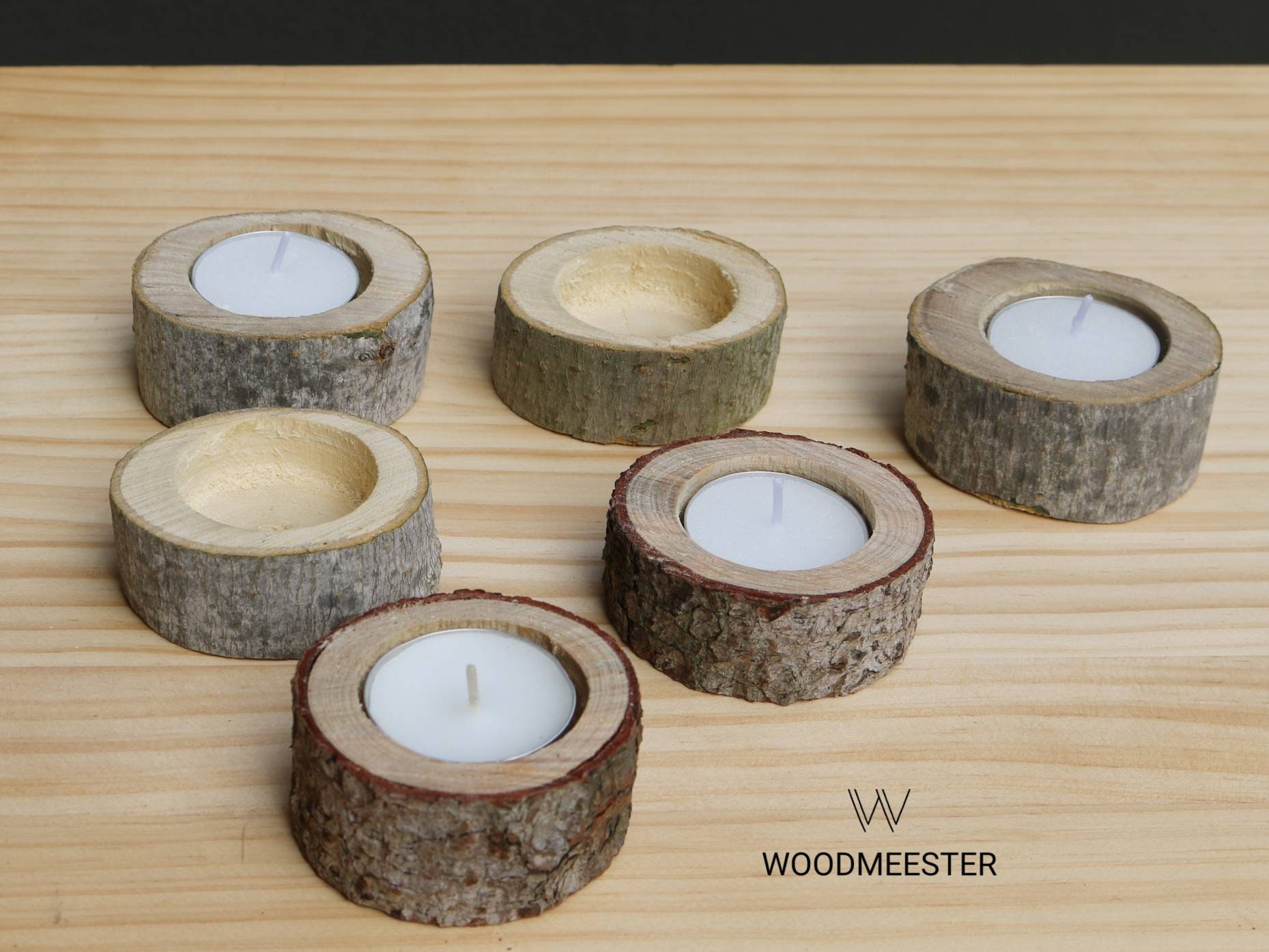 Ensemble de 3 Rustic Tea Light Wood Candles Wedding - Est Livré avec Blanc Non Parfumé Light. Décor 
