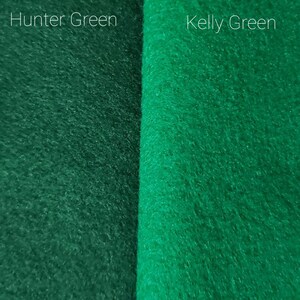May include: Close-up of two fabric swatches, one hunter green and one kelly green. The swatches are side-by-side and show the difference in colour.