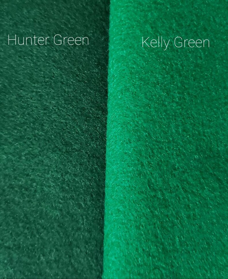 May include: Close-up of two fabric swatches, one hunter green and one kelly green. The swatches are side-by-side and show the difference in colour.