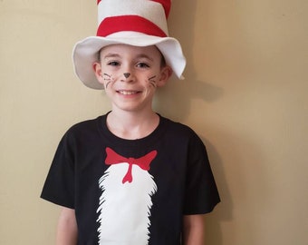 Book Character Costume: Red and White Hat and Cat Belly Shirt.- Child and Adult sizes