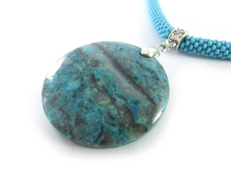 Agate pendant necklace Large circle stone pendant necklace Seed bead necklace Turquoise necklace