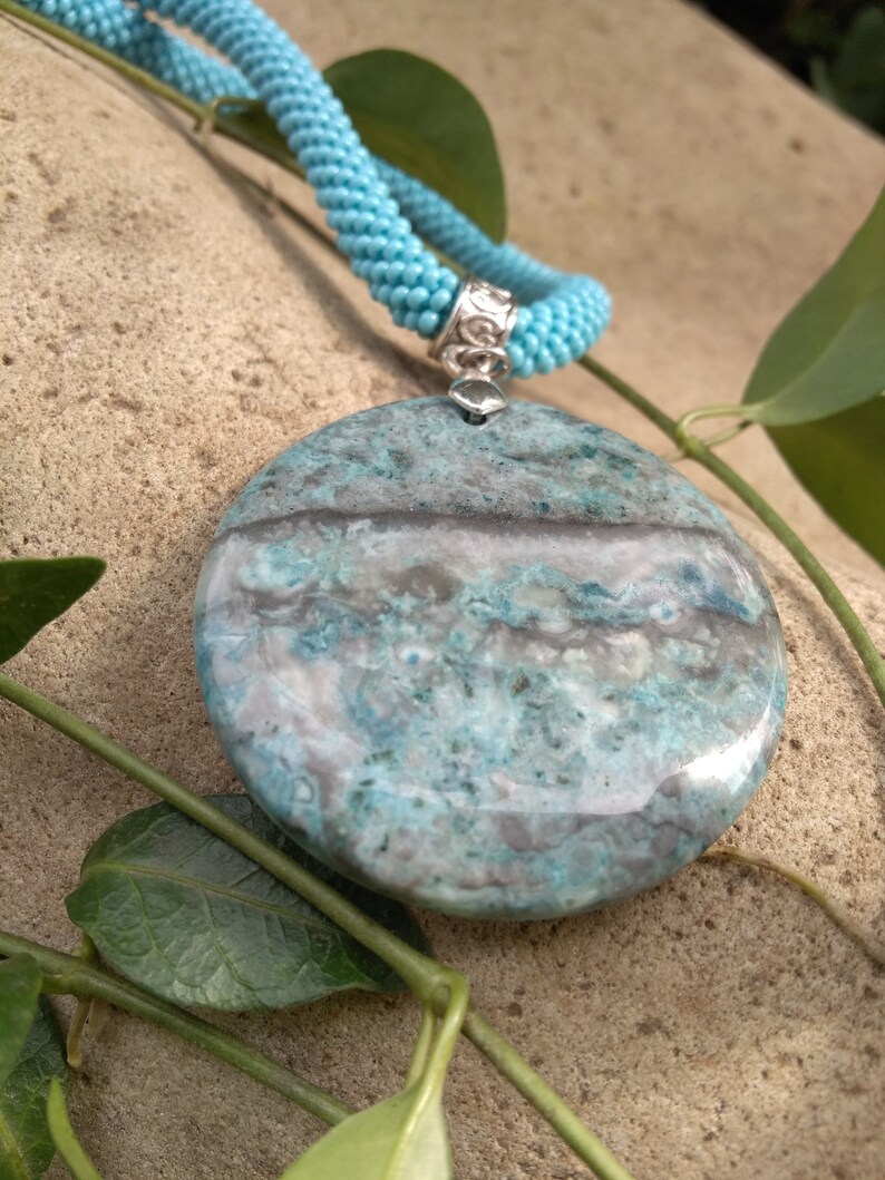 Agate pendant necklace Large circle stone pendant necklace Seed bead necklace Turquoise necklace